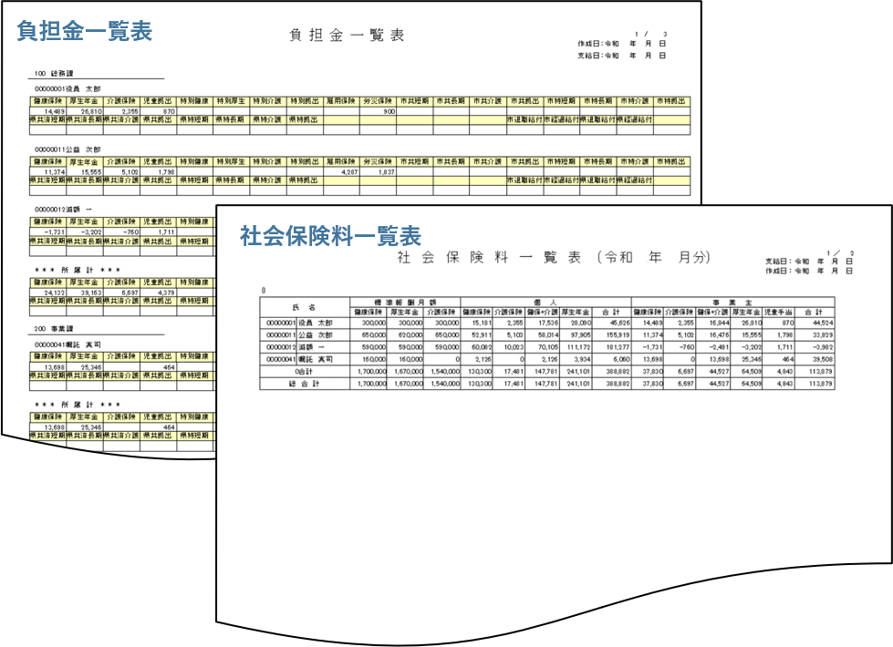 負担金一覧表,社会保険料一覧表